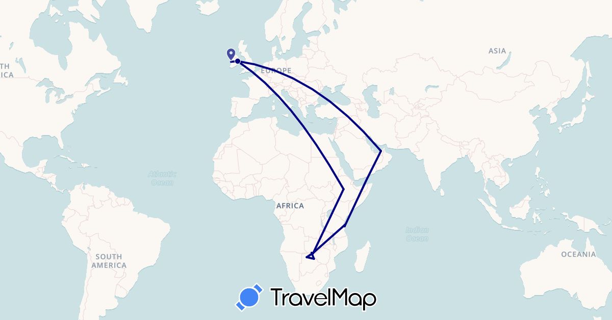 TravelMap itinerary: driving in United Arab Emirates, Botswana, Ethiopia, Ireland, Tanzania, Zambia, Zimbabwe (Africa, Asia, Europe)
